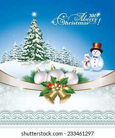 Christmas card with Christmas tree and snowman