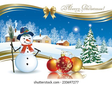 Christmas card with Christmas tree and snowman