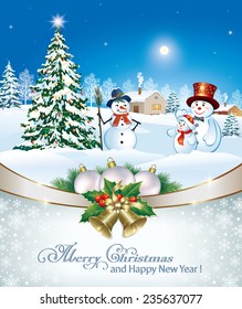 Christmas card with Christmas tree and snowman