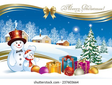 Christmas card with Christmas tree and snowman