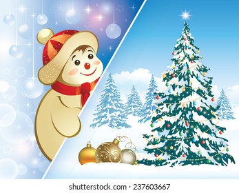 Christmas card with Christmas tree and snowman