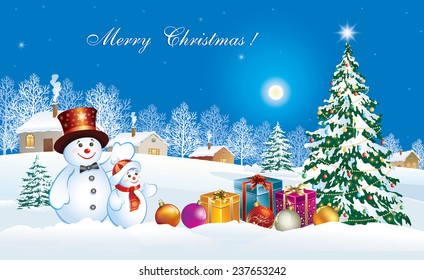 Christmas card with Christmas tree and snowman