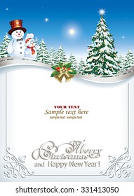 Christmas card with Christmas tree and snowman