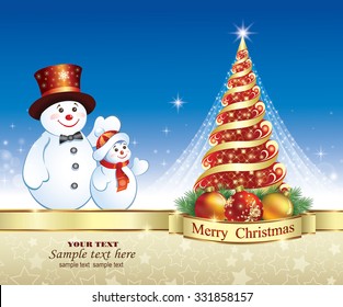  Christmas card with a Christmas tree and snowman