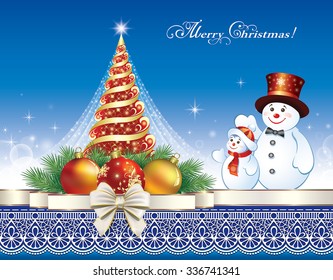 Christmas card with a Christmas tree and snowman