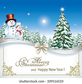 Christmas card with Christmas tree and snowman