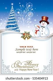 Christmas card with Christmas tree,  snowman, ball and ribbon with a bow on a blue background with fireworks