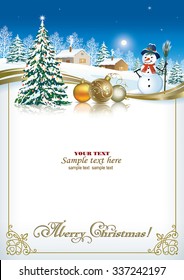 Christmas card with a Christmas tree and a snowman on the background of a winter landscape