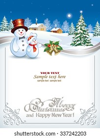 Christmas card with a Christmas tree and a snowman on the background of a winter landscape