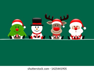 Christmas Card Tree Snowman Reindeer And Santa Green
