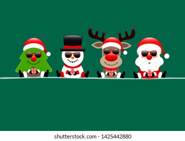 Christmas Card Tree Snowman Reindeer And Santa Sunglasses Green
