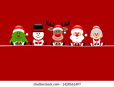 Christmas Card Tree Snowman Reindeer Santa And Wife Red