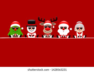 Christmas Card Tree Snowman Reindeer Santa And Wife Sunglasses Red