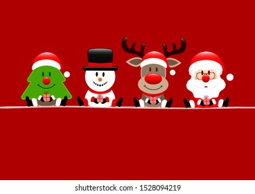 Christmas Card Tree Snowman Reindeer And Santa Red