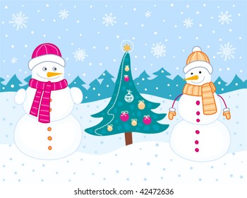 christmas card with tree and snowmen