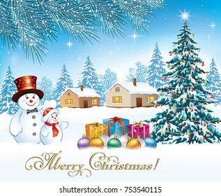 Christmas card of the with a Christmas tree, snowmen and gifts on a nature background. Vector illustrations