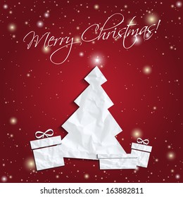 Christmas card with tree, stars and gifts. Vector illustration