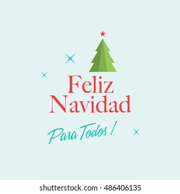 Christmas card with christmas tree, stars, and logo title. Editable vector design. Spanish version.
