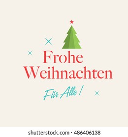 Christmas card with christmas tree, stars, and logo title. Editable vector design. German version.
