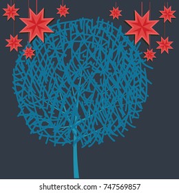 Christmas card with tree and stars. Vector illustration.