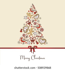 Christmas card with Christmas tree and sweets. hand drawn