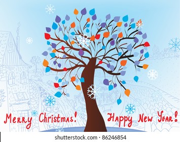 Christmas card with tree and town