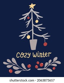 Christmas card with a Christmas tree and twigs. Winter holidays nature design greeting cards template, frame, text Cozy Winter, white background. Vector xmas illustration.