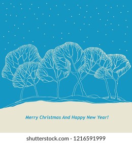 Christmas card with tree and winter background with snow and snowflakes. 