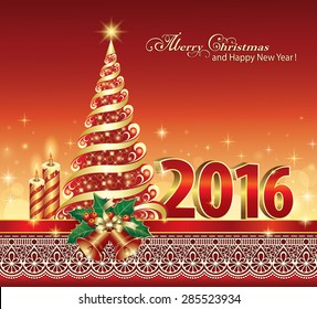 Christmas card with Christmas tree.Digits in 2016, tree, bells, candles, ribbon, ornament.