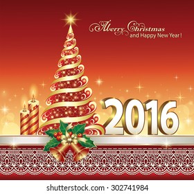 Christmas card with Christmas tree.Digits in 2016, tree, bells, candles, ribbon, ornament.
