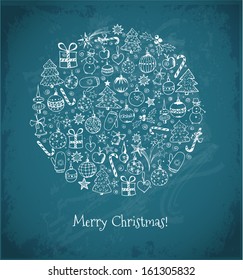 Christmas card with christmas trees, christmas balls and other objects. Xmas card. Vector illustration. 
