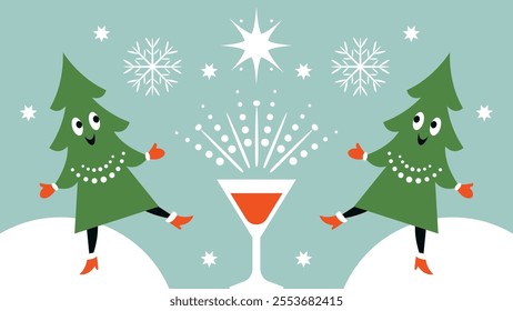 Christmas Card, Christmas Trees with cute faces, eyes and smile. Party invitation