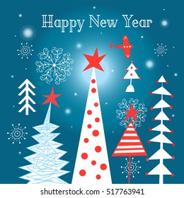 Christmas card with Christmas trees on a blue background with snowflakes