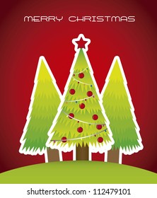 christmas card with trees over red background. vector