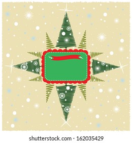 Christmas card with trees and sign banner in the middle