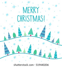 christmas card with christmas trees and snowflakes on white background
