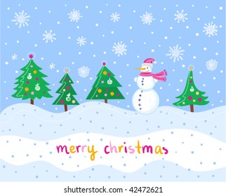 christmas card with trees and snowman