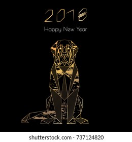 Christmas card in triangulation. Year of the dog. Stylized geometric model of a polygonal dog. Illustrations with gold lines. Origami. Low poly illustration