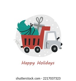 Christmas card with a truck carrying a Christmas tree