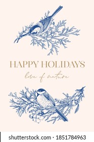 Christmas card with two birds on the branches. Vector botanical illustration. Romantic winter background. Royal blue.