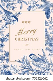 Christmas card and two birds   winter plants   berries  Christmas winter background 