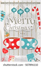Christmas Card - Two Cups of Coffee and New Year Symbols and Ornaments  on White Wooden Background. Vector Illustration.