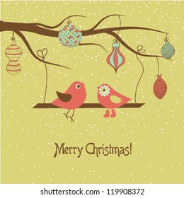 Christmas card with two cute birds on the tree branch