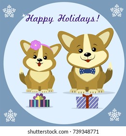 Christmas card with two cute dog corgi, sit next to gift boxes, in a round frame.