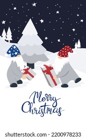 Christmas card. Two cute dwarfs give gifts to each other on a winter background with snowflakes. Vector.