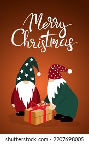 Christmas card. Two cute dwarfs with a gift on a dark background. Vector.