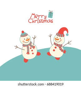 Christmas card. Two cute snowmen and a snowdrift.