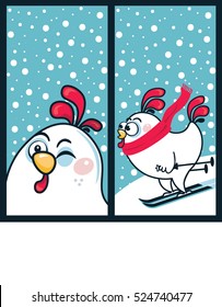 Christmas card with two cute white roosters. Ski love. Vector banner with New year symbol