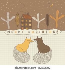 christmas card with two foxes