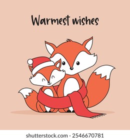 Christmas card with two foxes and warmest wishes text